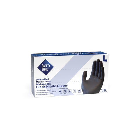 SAFETY ZONE Nitrile Powder-Free Gloves, 4.3 mil., Black, Large, 100 Per Box, 10 Box/Cs