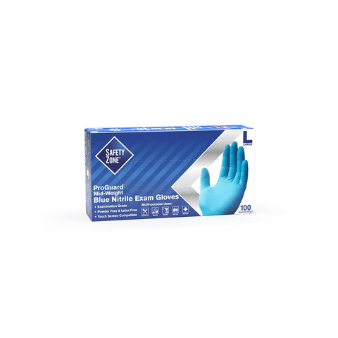 SAFETY ZONE Blue Nitrile Exam Gloves Powder-Free, Large, 100 per box, 10 box/cs